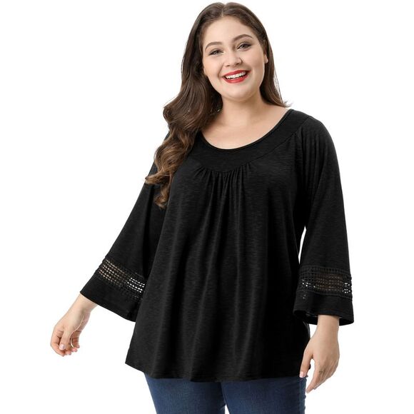 Women's Plus Size Crochet Panel Kimono Raglan Sleeves Tops Black - Picture 2 of 6